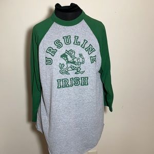 Ursuline fighting Irish baseball raglan shirt top T-shirt green gray medium